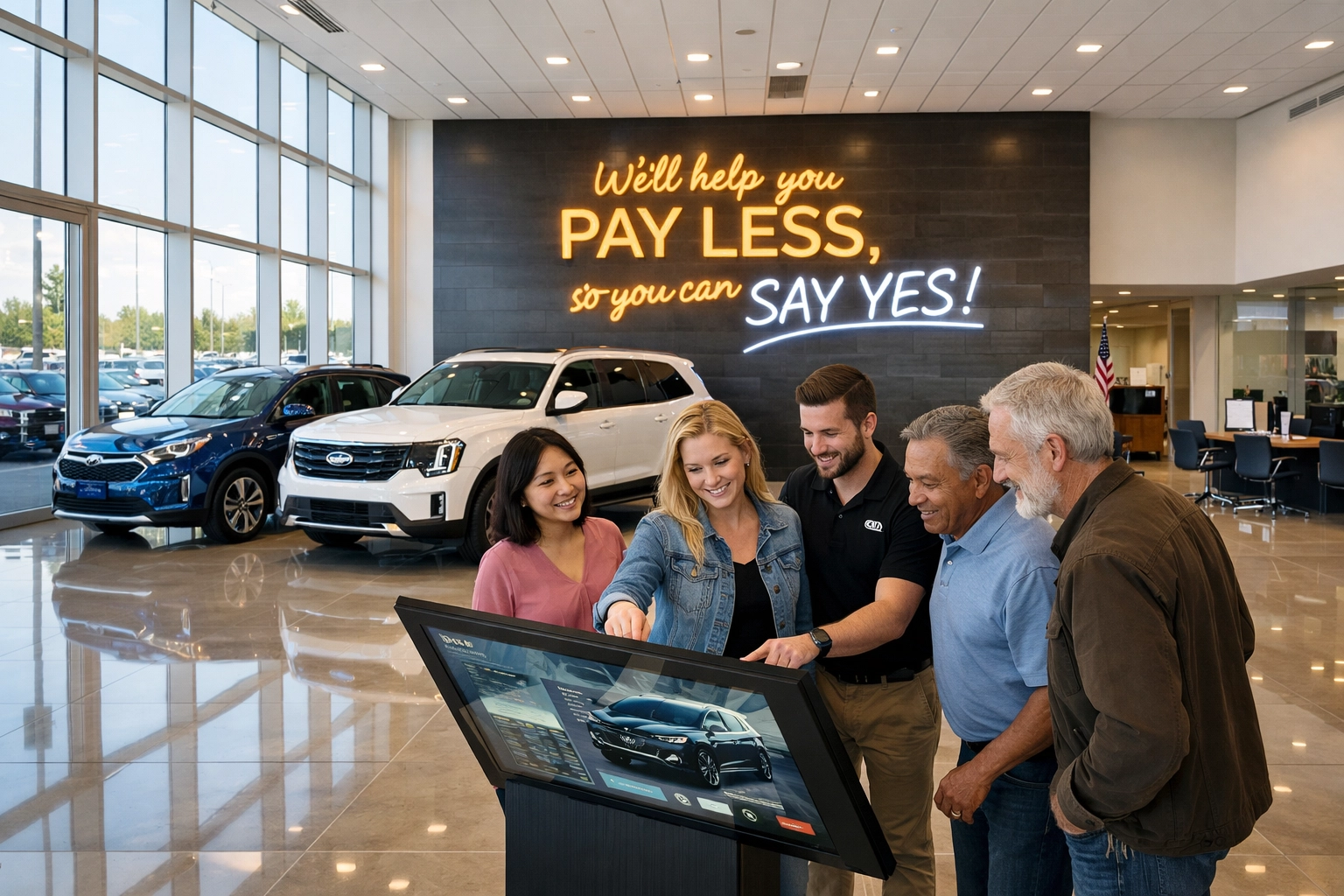 Modern Roseville Kia showroom interior with customers researching new Kia Sportage and Telluride models.