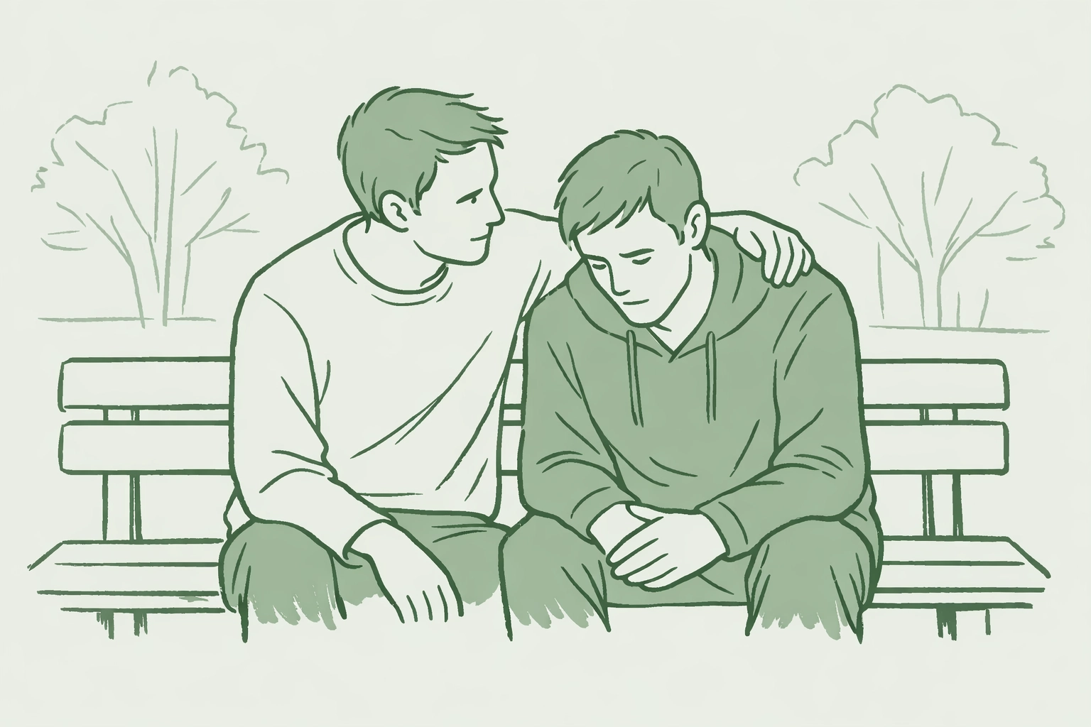Two gay men on park bench sharing intimate moment after coming out, one protective, one contemplative