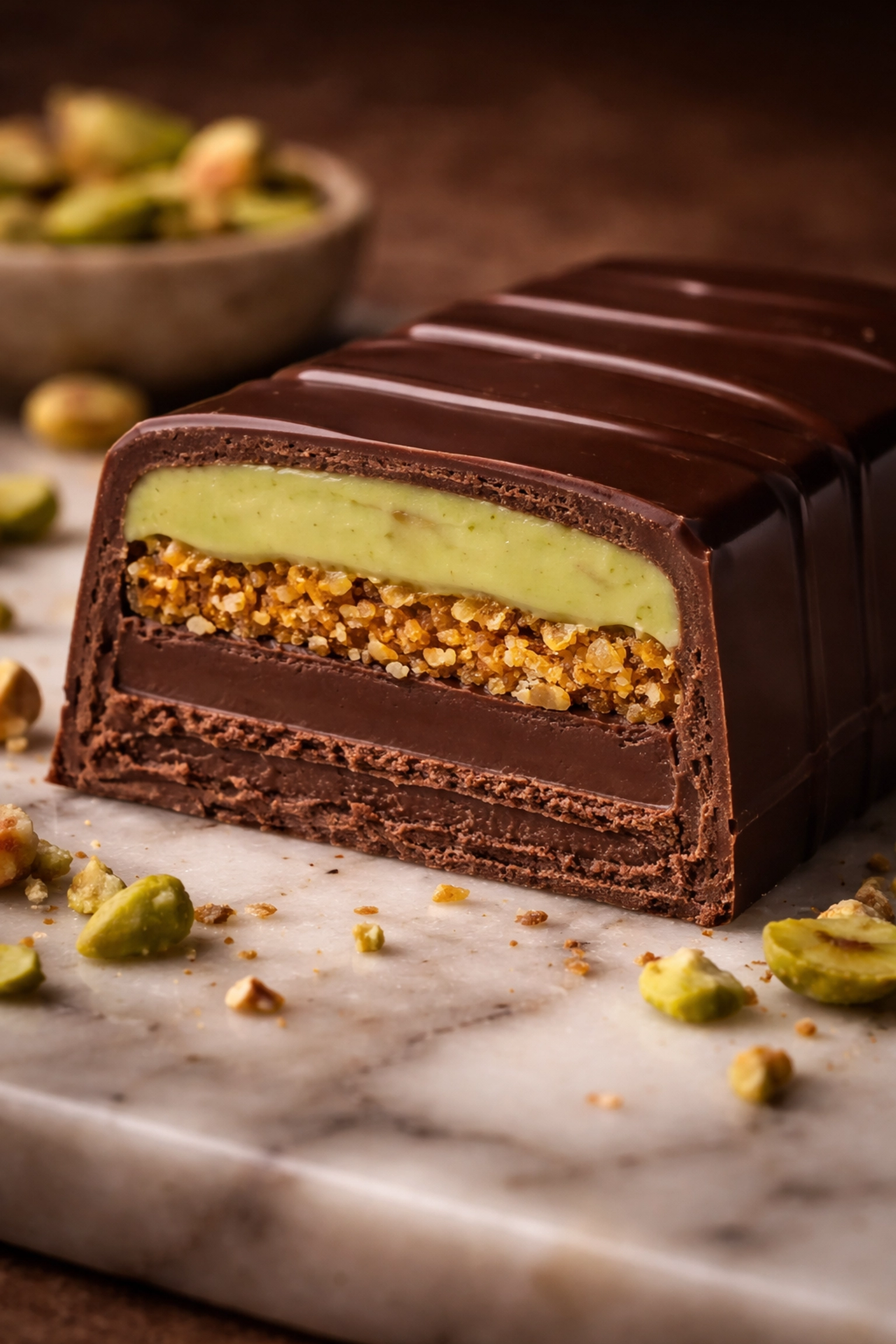 Cross-section of layered artisan chocolate bar with pistachio cream and ganache filling