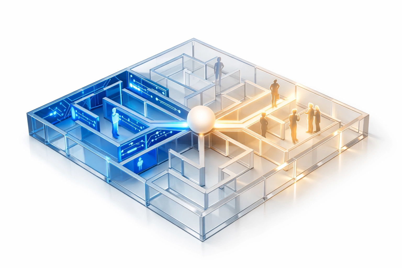 AI and human decision-making paths converging at critical governance decision point