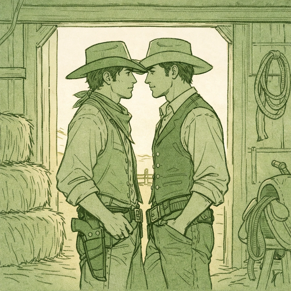 Two cowboys in 1870s barn doorway - forbidden gay romance on Western frontier