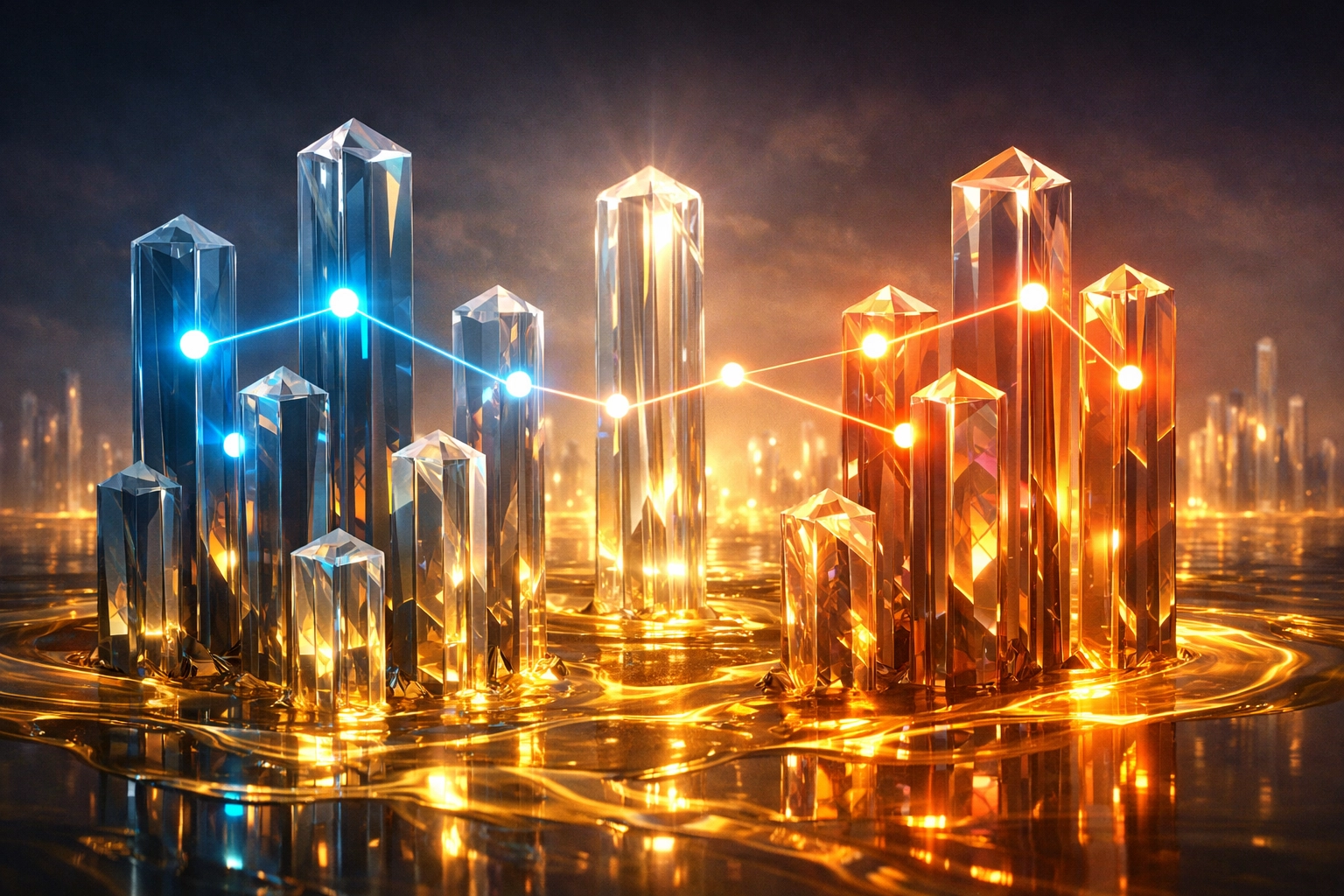 Glowing neon data points compared across crystalline columns rising from liquid gold, illustrating how investor-grade comps move beyond surface-level matching.