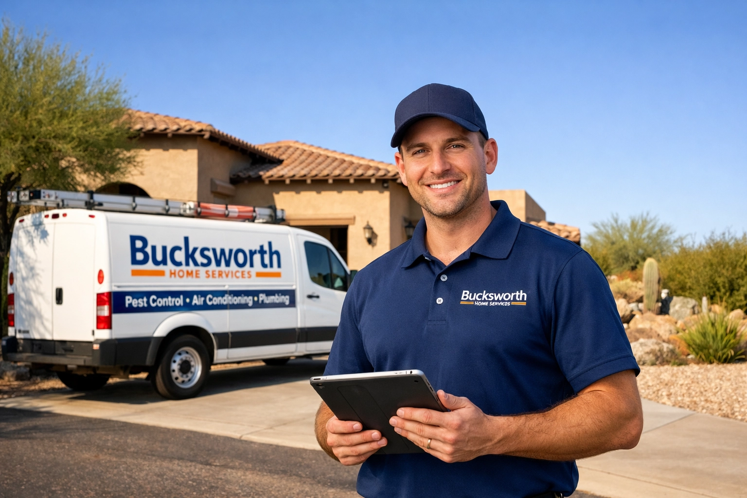 Friendly Tucson plumbing technician from Bucksworth Home Services standing by a service truck.