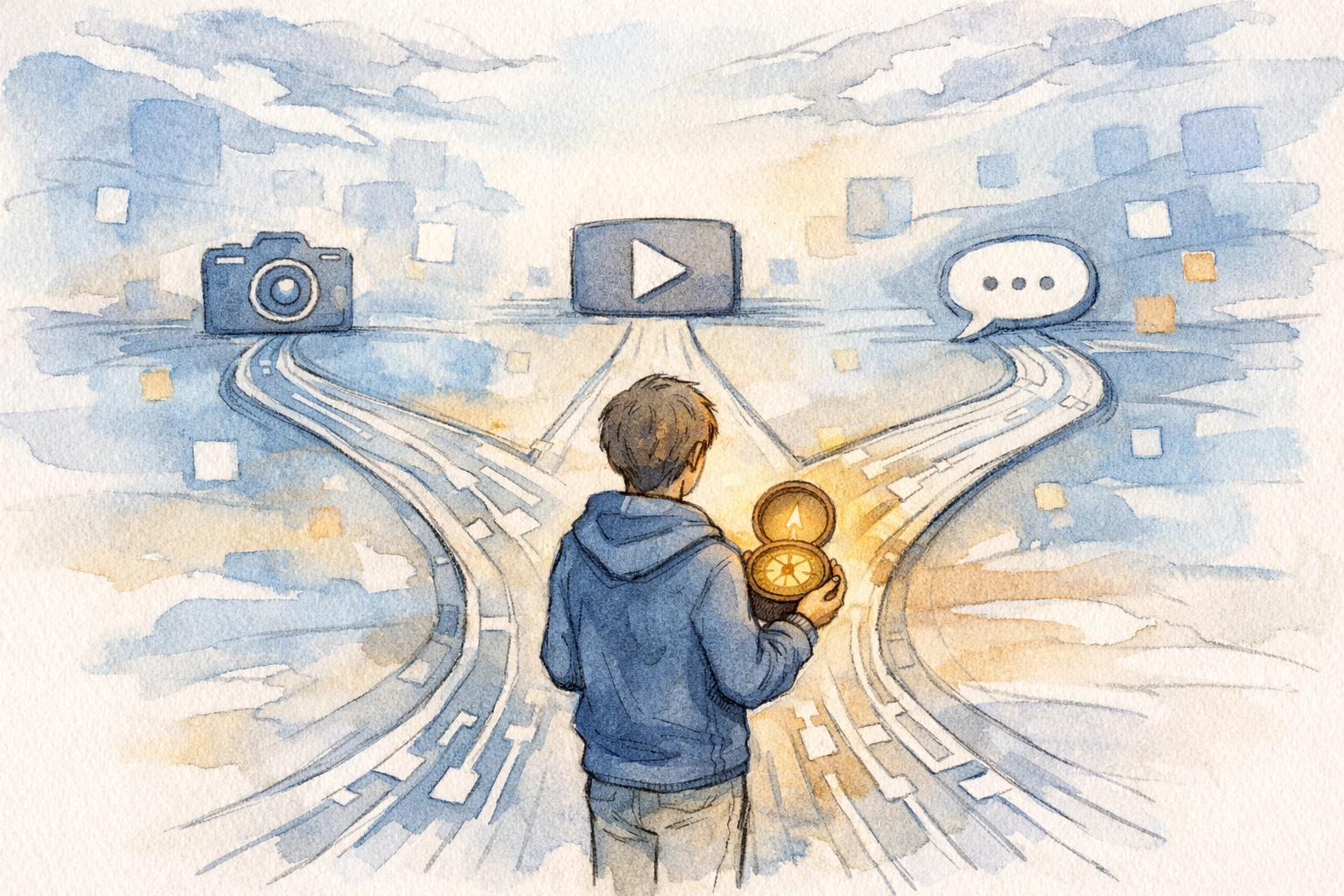 Creator choosing social media platform paths guided by faith and values-driven compass