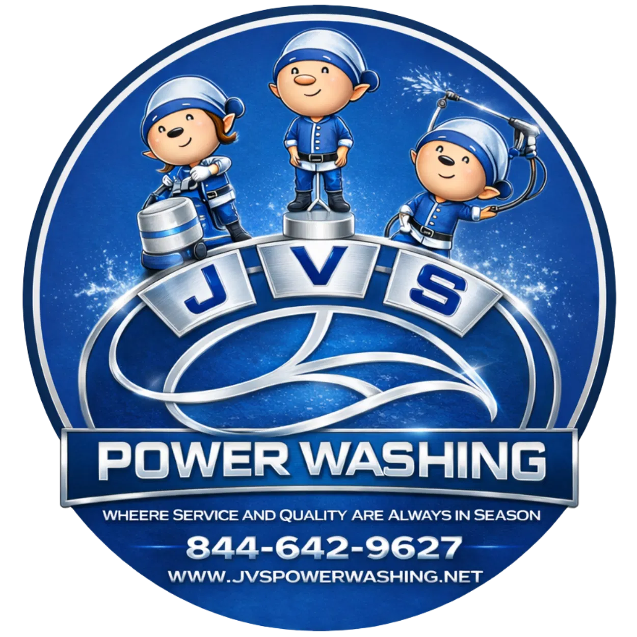 Circular JVS Power Washing logo featuring three cartoon workers in blue uniforms