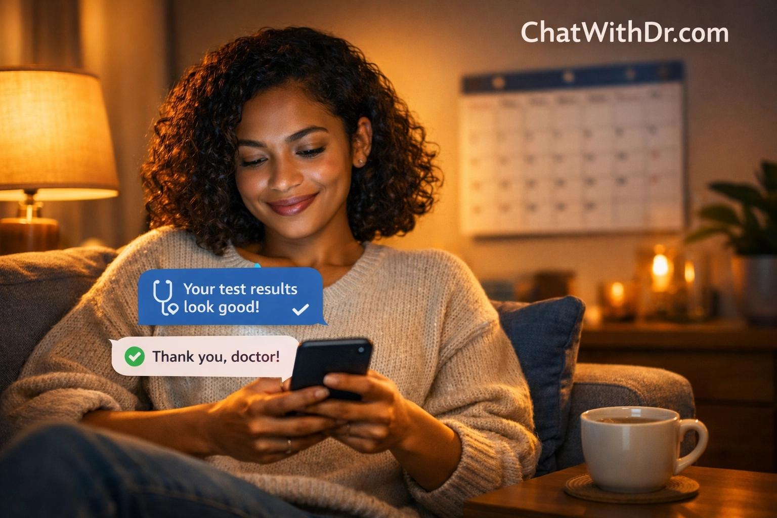 Woman using smartphone to chat with doctor online from comfort of her living room couch