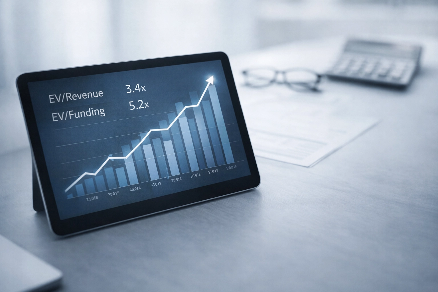 Tablet showing a financial growth chart for defending AI startup valuation through capital efficiency metrics.