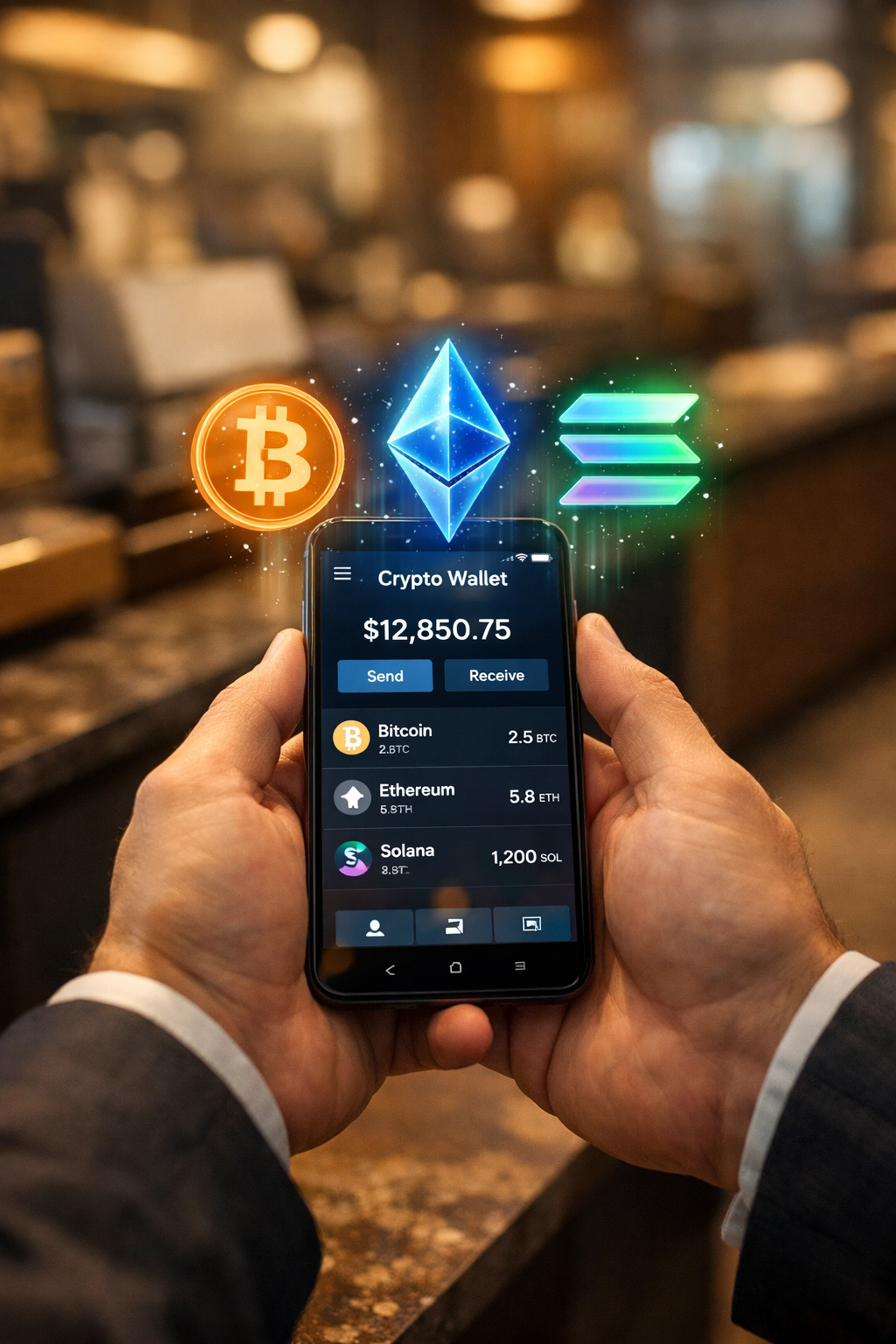 Merchant holding smartphone with self-custody crypto wallet displaying multi-chain blockchain support