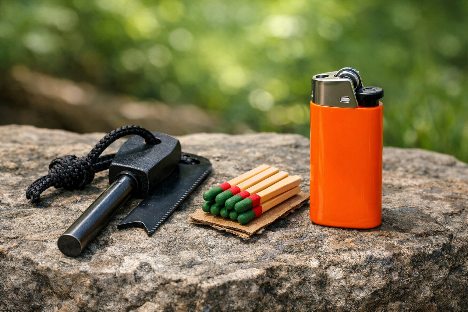 Multiple fire starting tools on a rock, illustrating the rule of three for a camping adventure UK.