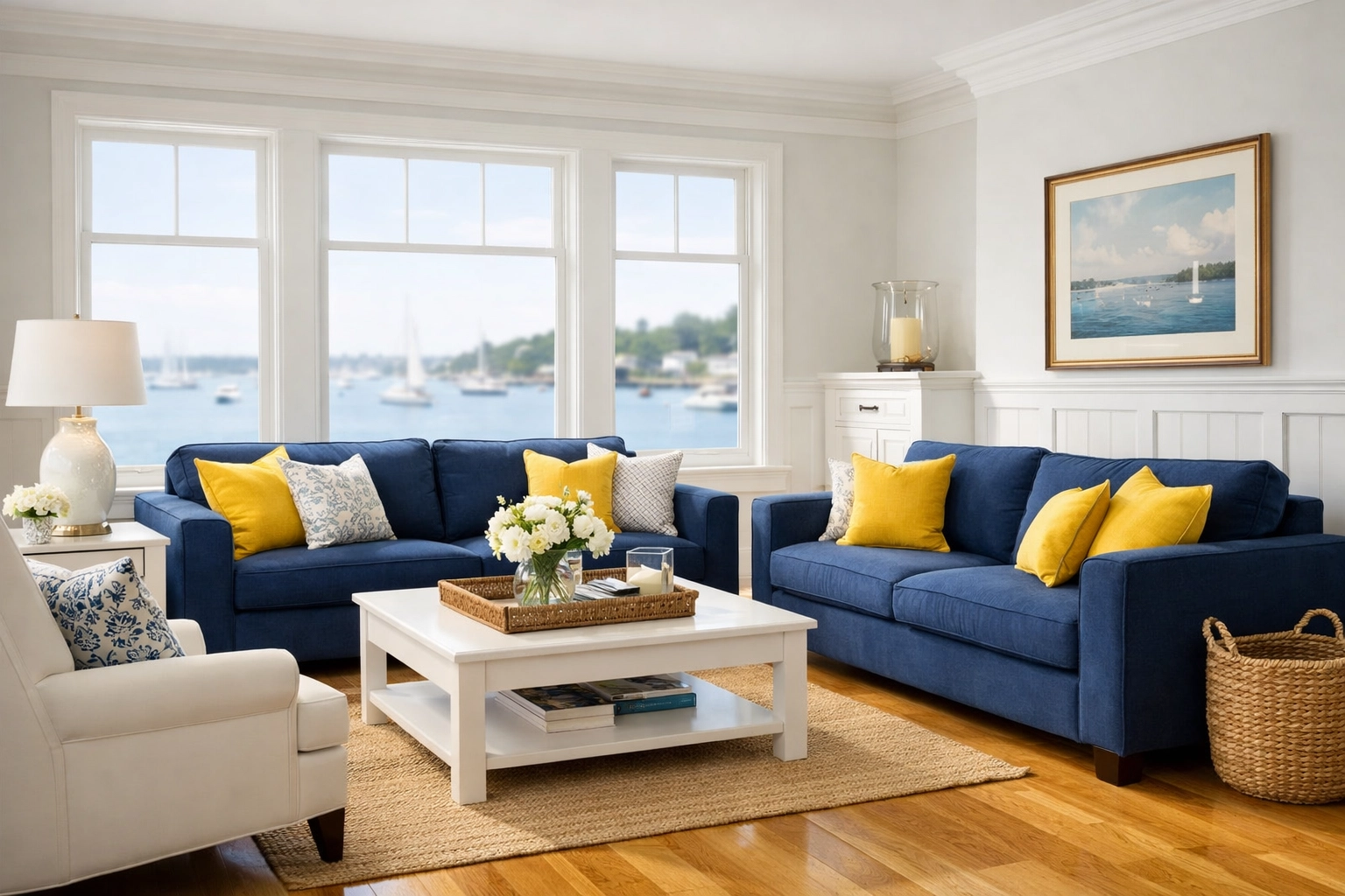Spotless historic living room cleaned by professional cleaners in Marblehead with harbor views.