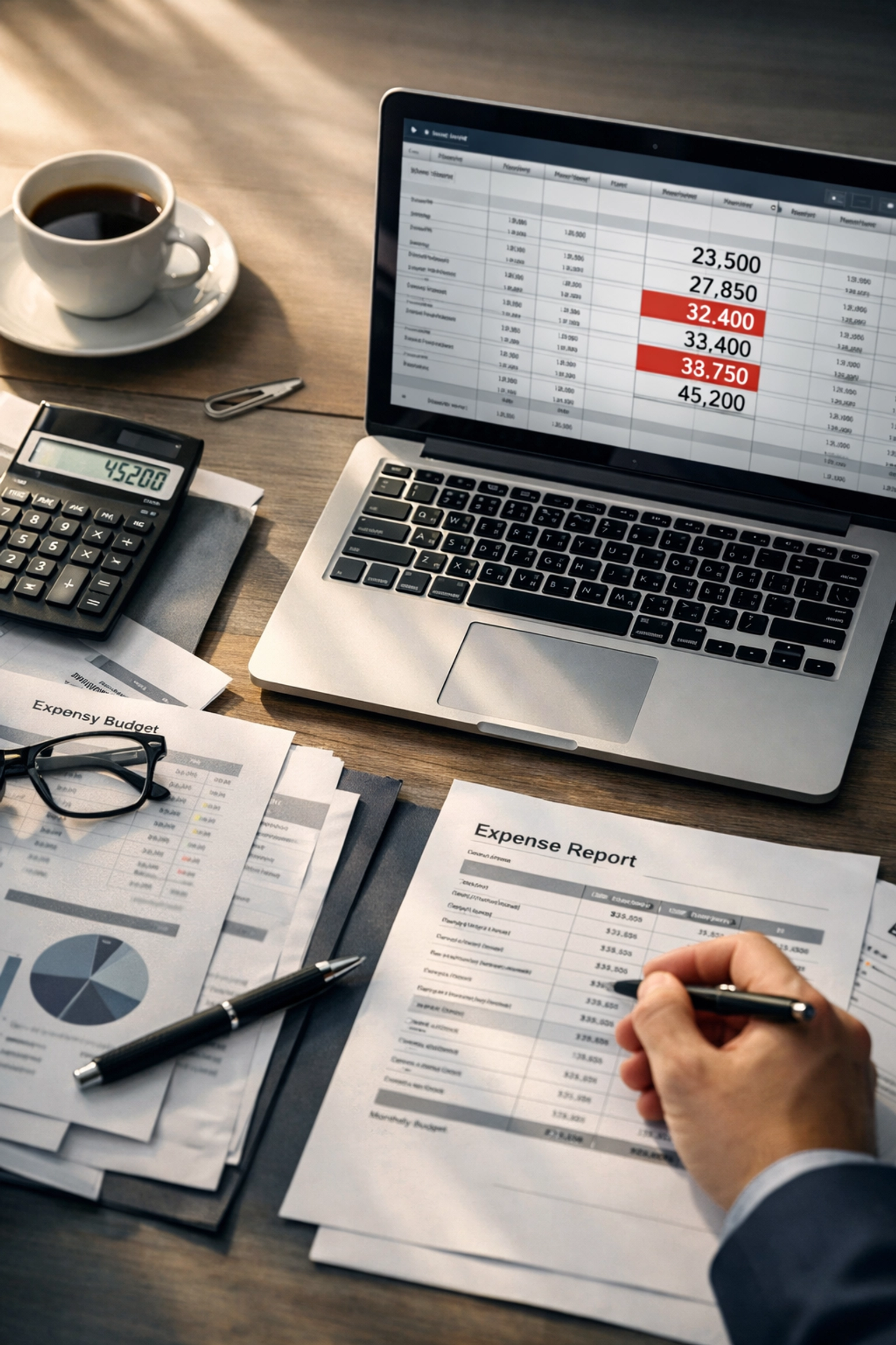 Investigation cost escalation shown through financial documents and rising expense reports on office desk