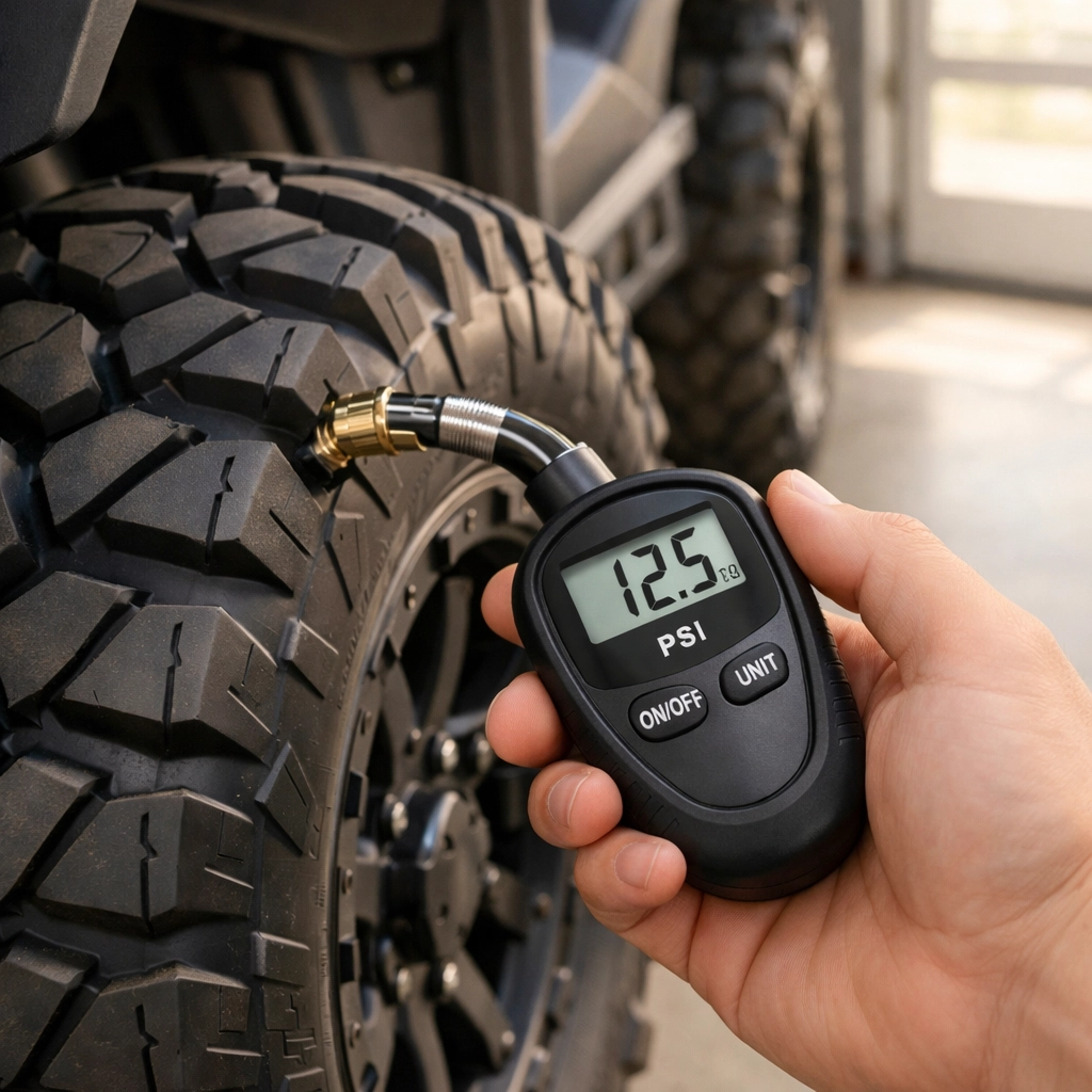 Checking tire pressure on a side-by-side UTV tire with a gauge in home garage