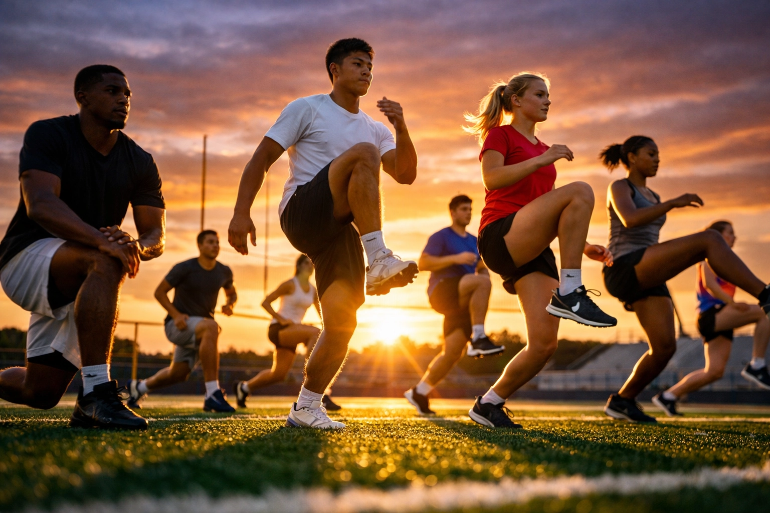 Athletes performing dynamic stretching warm-up exercises on football field before game