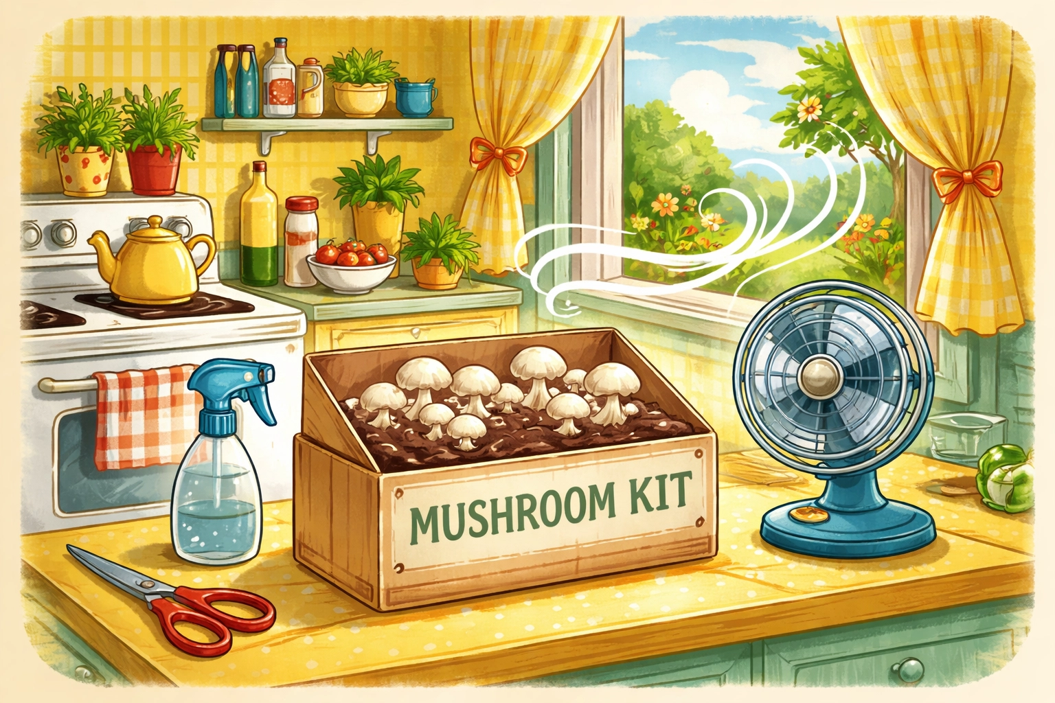 Mushroom kit placed safely near airflow from a fan and an open window in a cozy kitchen