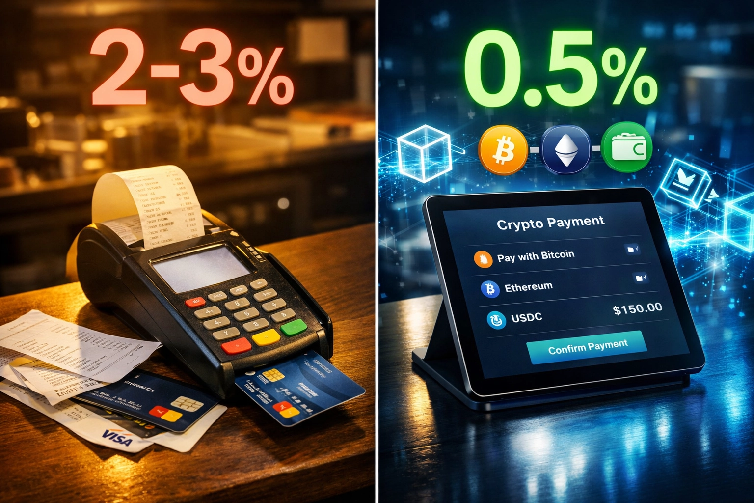 Side-by-side comparison of traditional 2-3% payment fees versus Web3 crypto payment sub-1% transaction costs