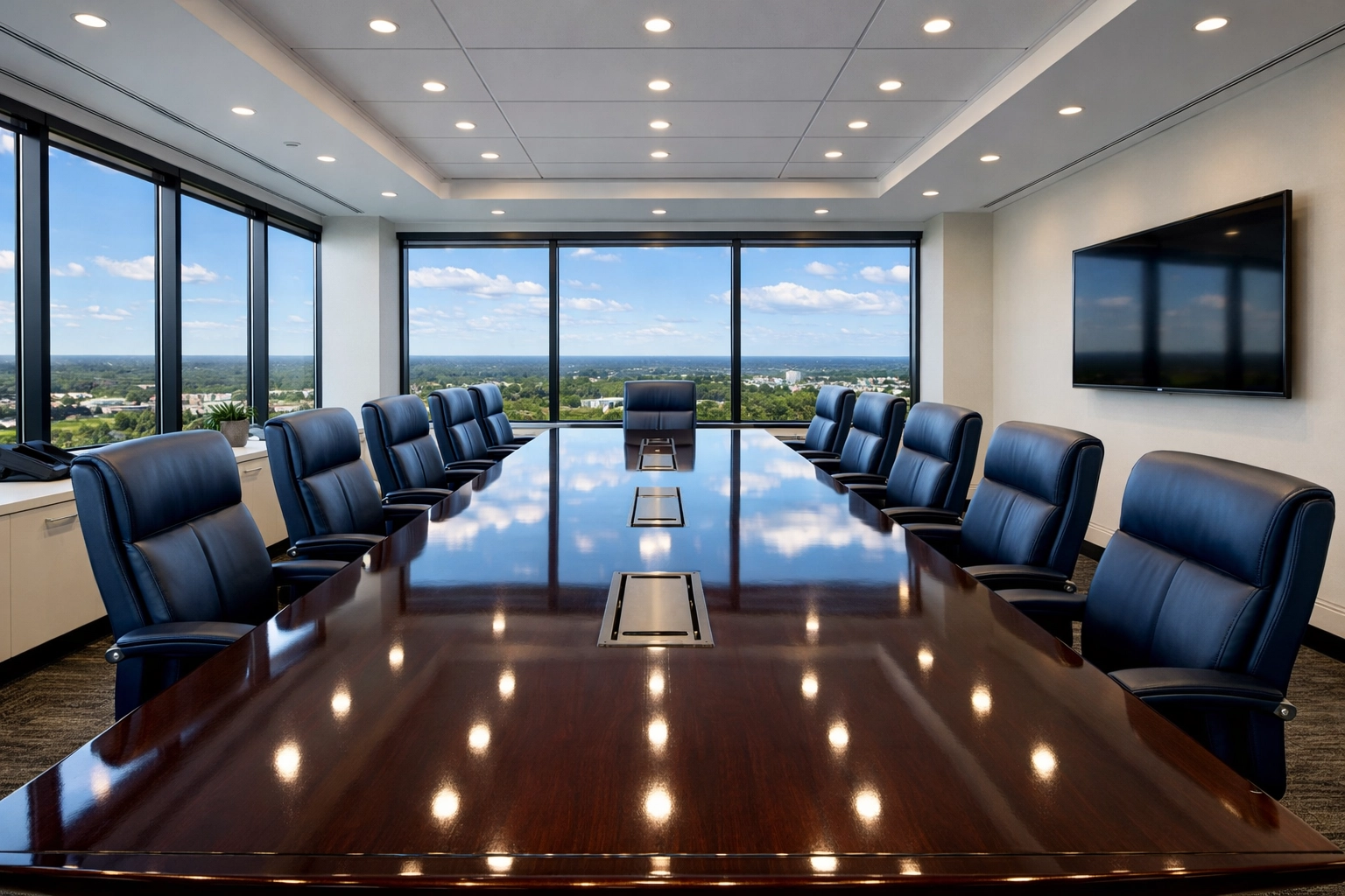 Pristine corporate conference room in Framingham reflecting excellence in janitorial services.