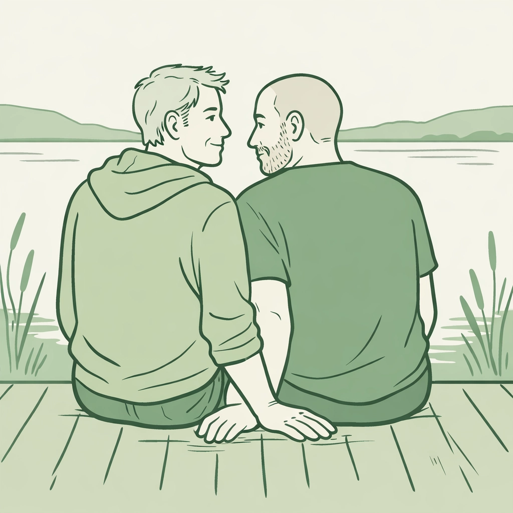 Two mature gay men sitting on a pier, reflecting on the courage and discovery of coming out later in life.
