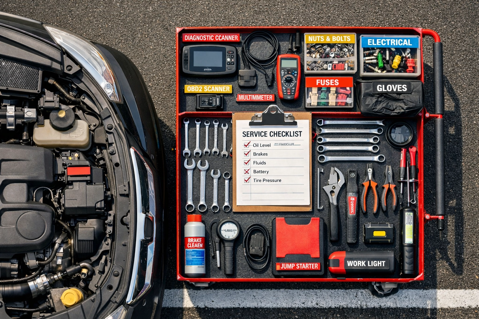 Organized professional automotive tools and diagnostic equipment used by mobile mechanics