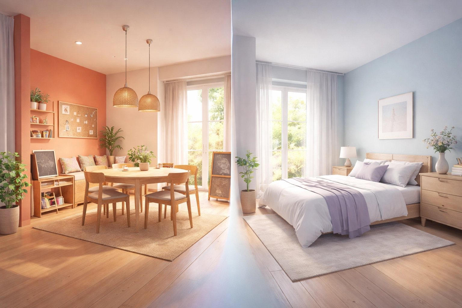 Comparison of treatment center spaces: warm activity room versus calming blue bedroom with modern, minimal design