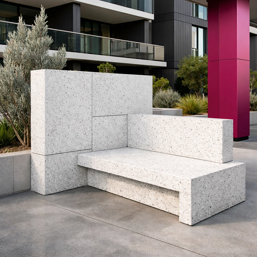 Speckled white recycled plastic panels used for modern outdoor seating in a sustainable Australian construction project.