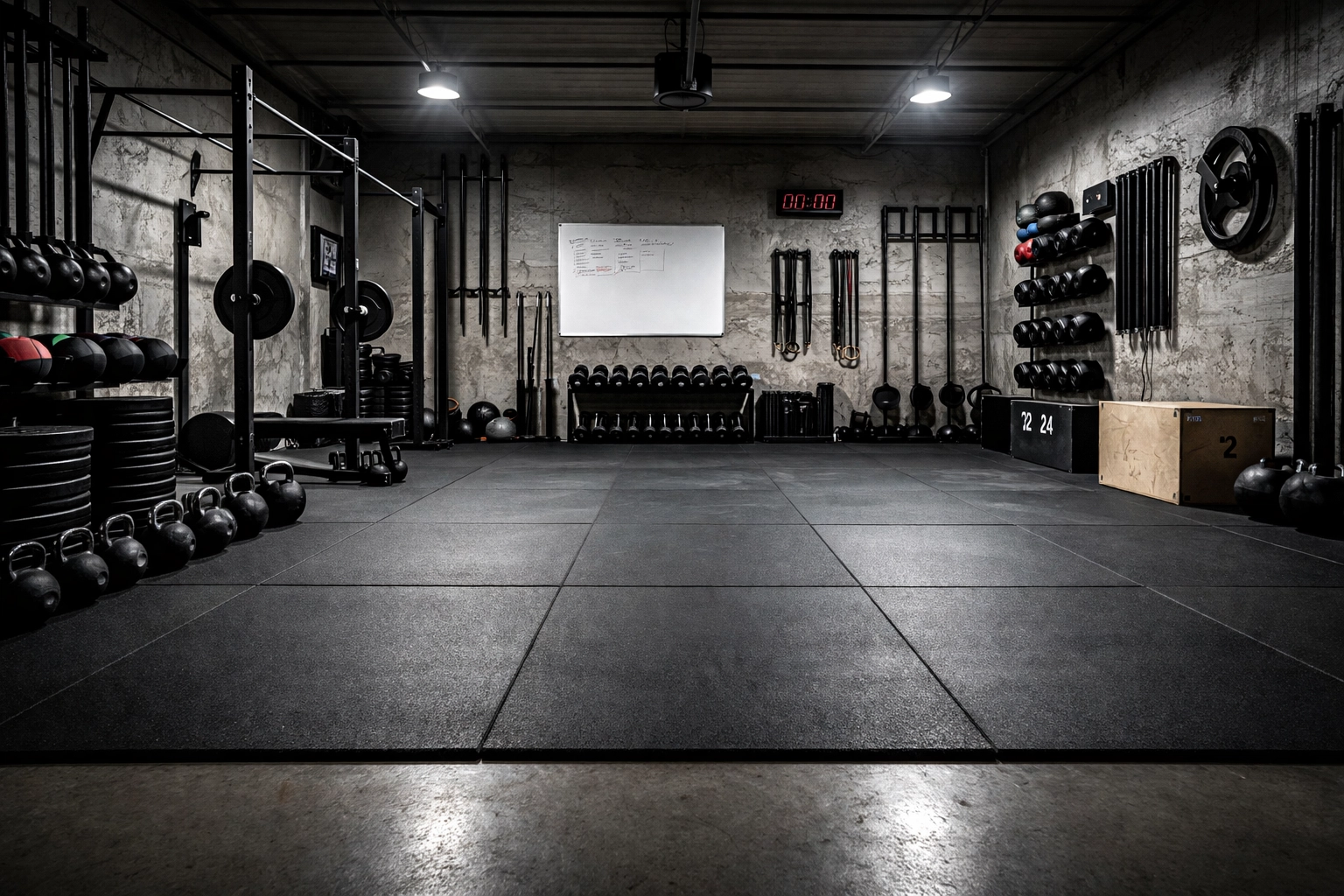 Wide-angle view of a well-organized CrossFit home gym with open floor space for dynamic workouts and neatly arranged equipment.