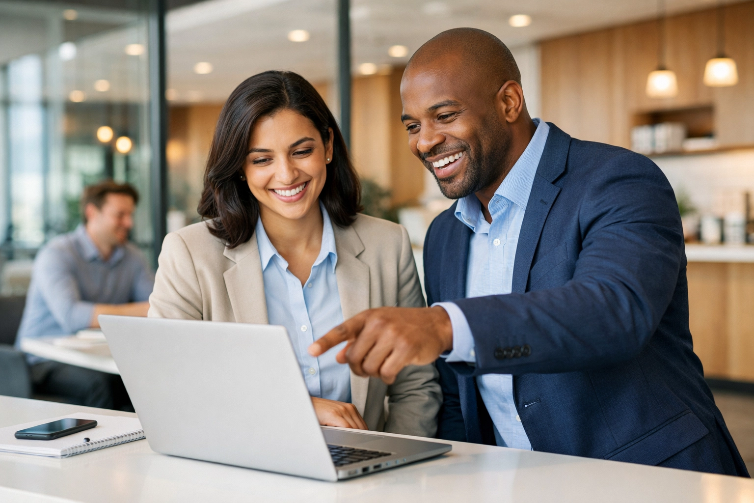 Business professionals collaborating on payroll management and tax software integration.