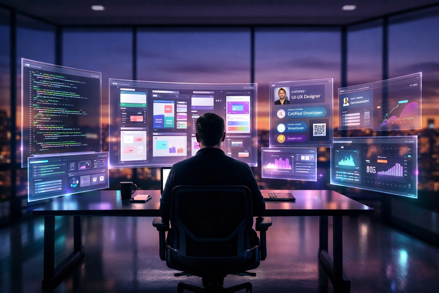 A professional surrounded by live digital credentials and holographic code interfaces in a modern workspace.