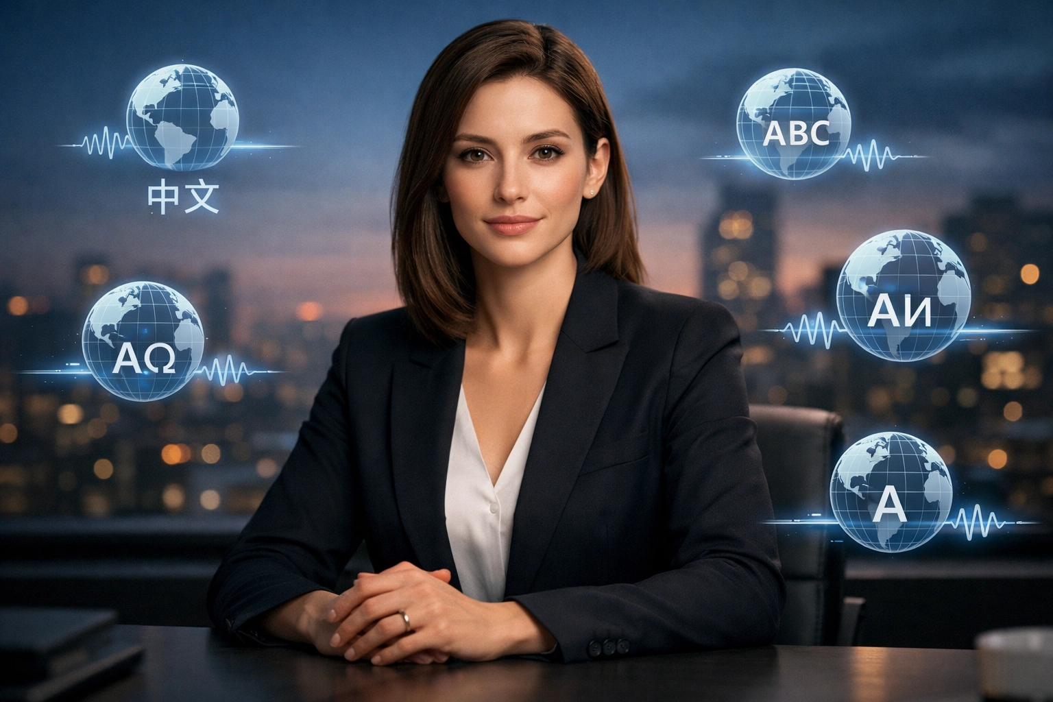 Multilingual AI avatar in a modern office showing global language icons for viral video marketing.