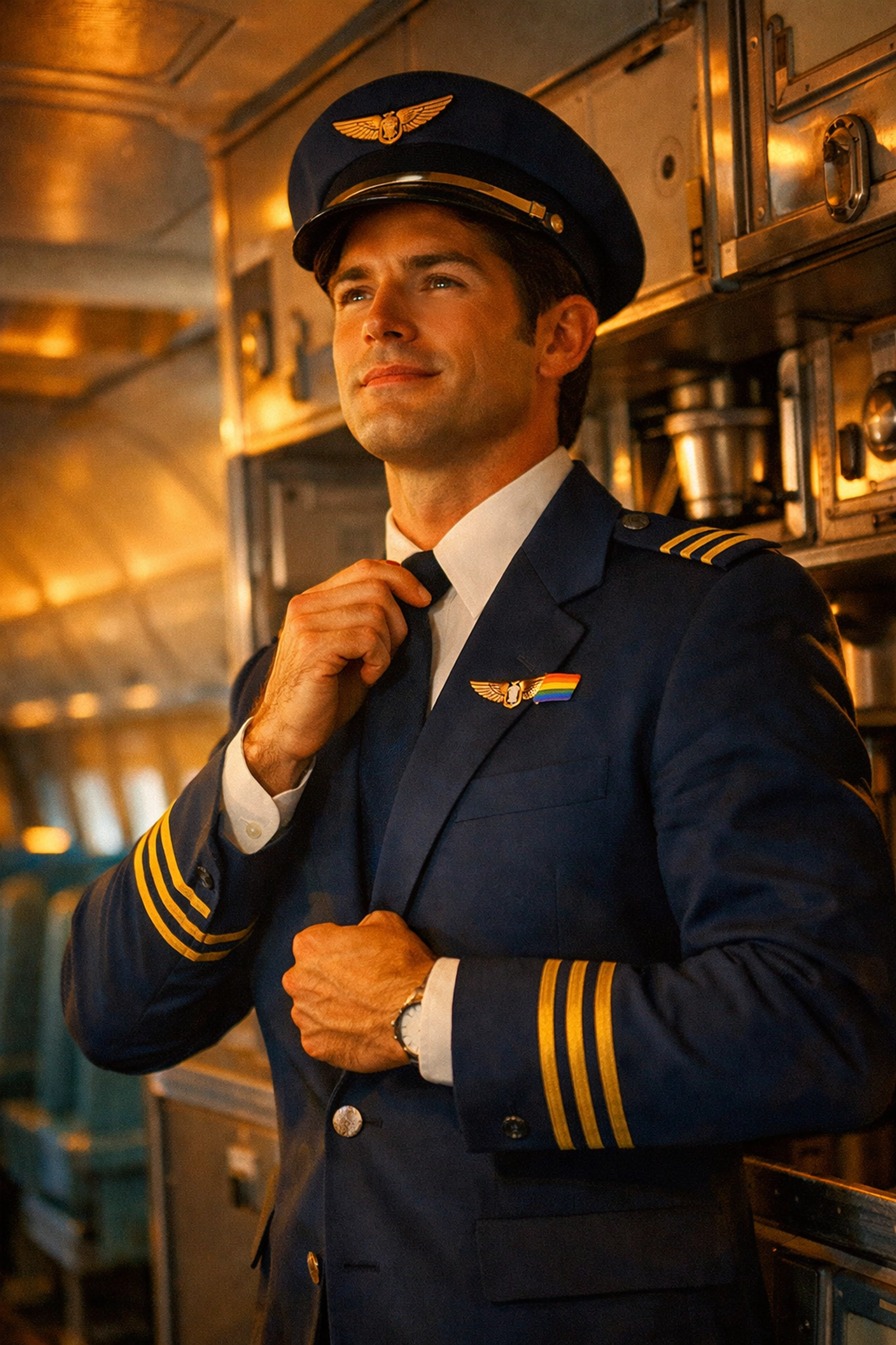 Gay flight attendant in 1970s uniform preparing for service in airplane galley