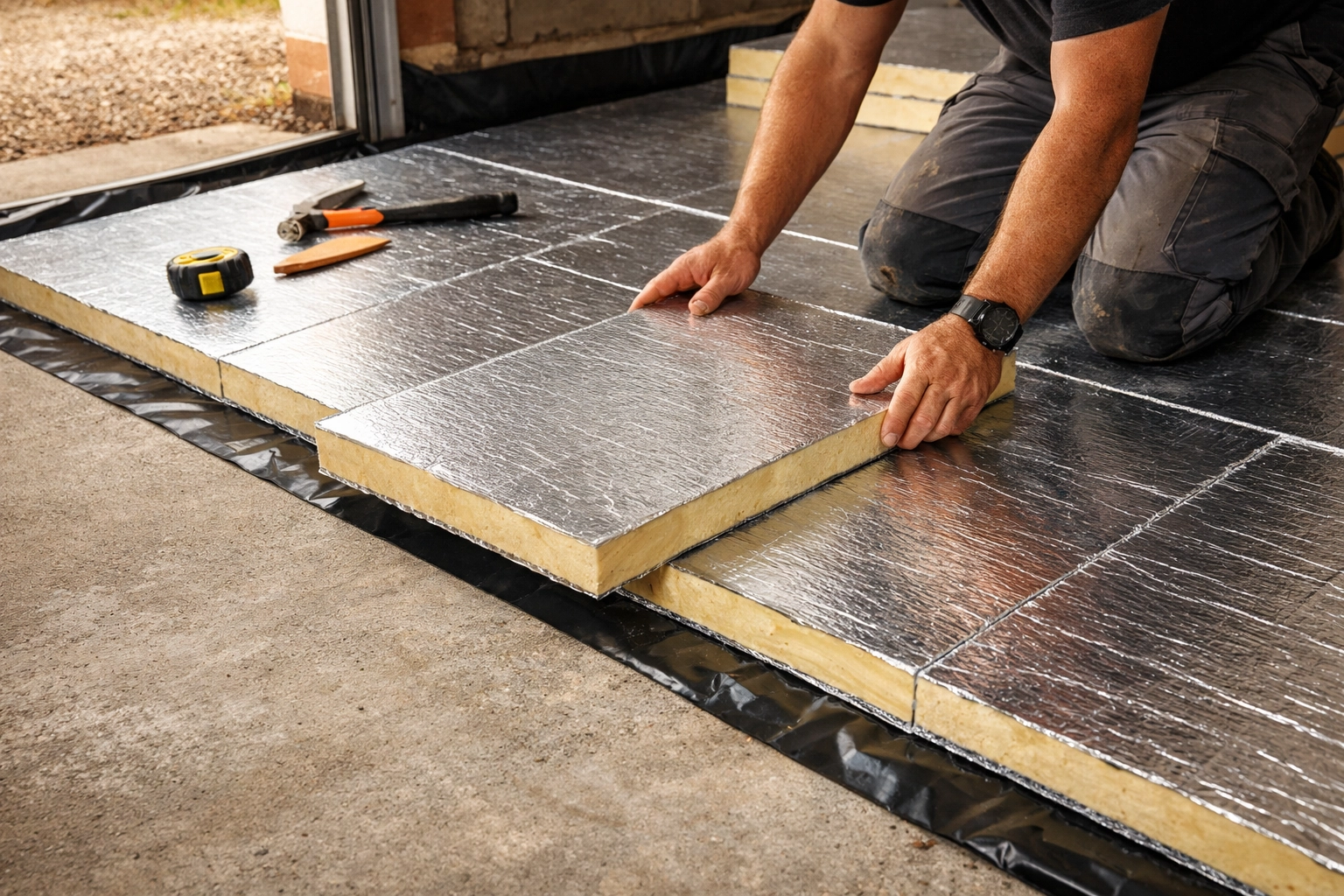 Professional floor insulation installation in Bournemouth garage conversion showing PIR boards and damp proof membrane