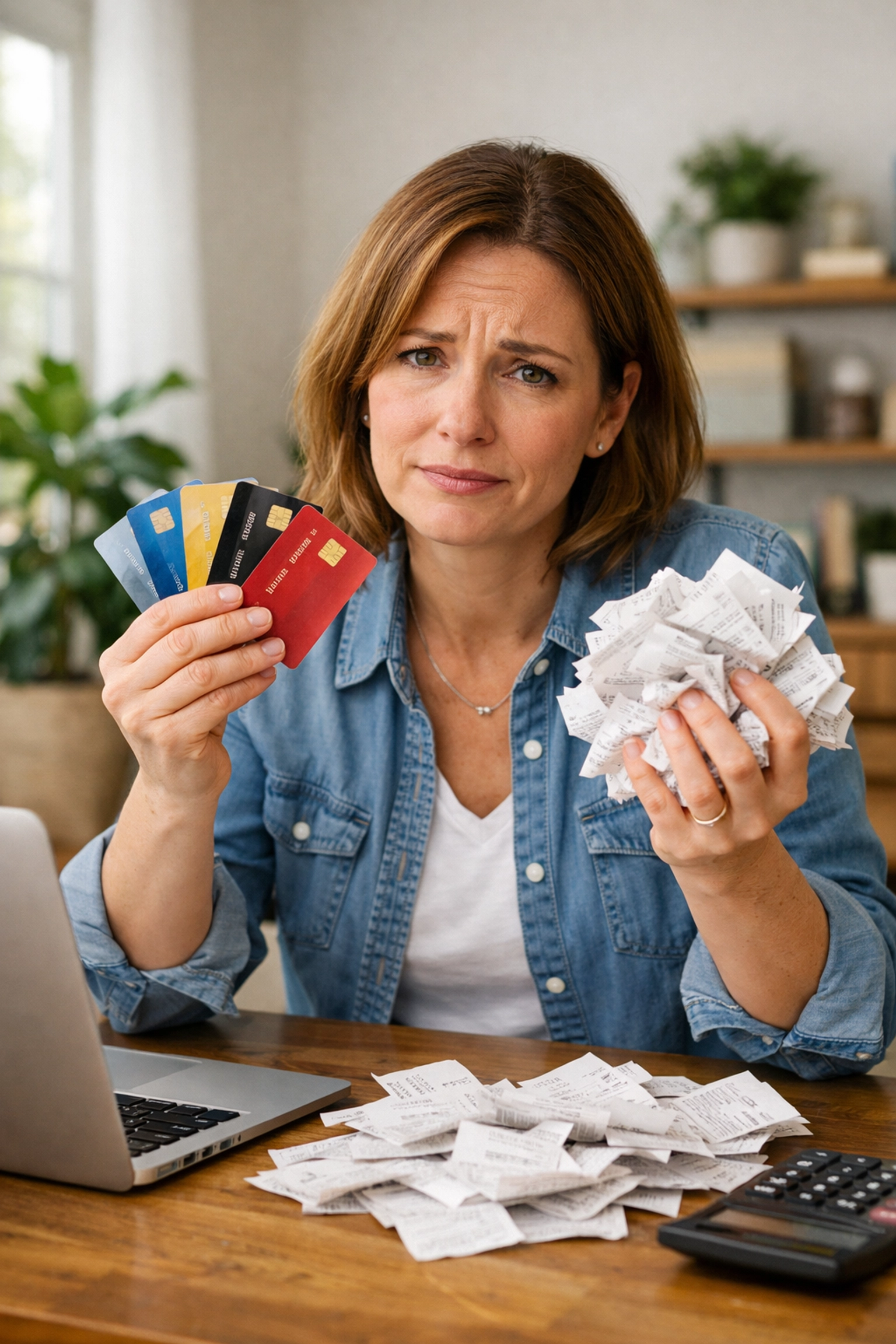 Small business owner stressed with multiple credit cards and receipts showing mixed personal business expenses