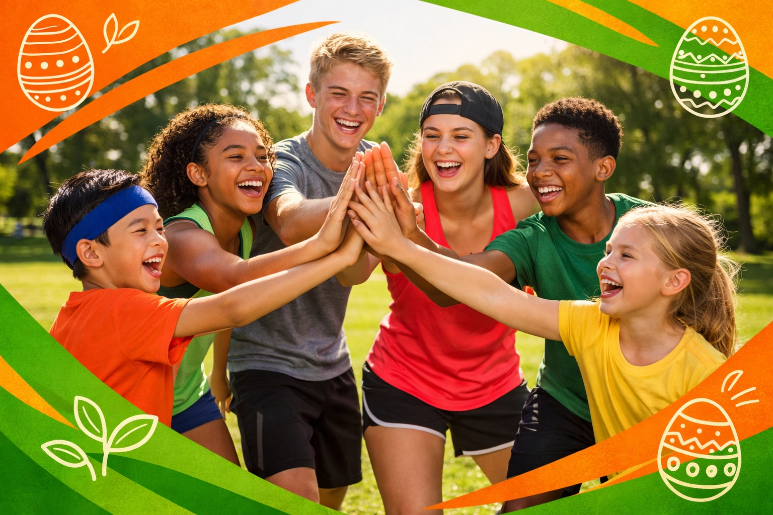 Diverse group of kids and teens celebrating teamwork during an Easter life skills bootcamp challenge.