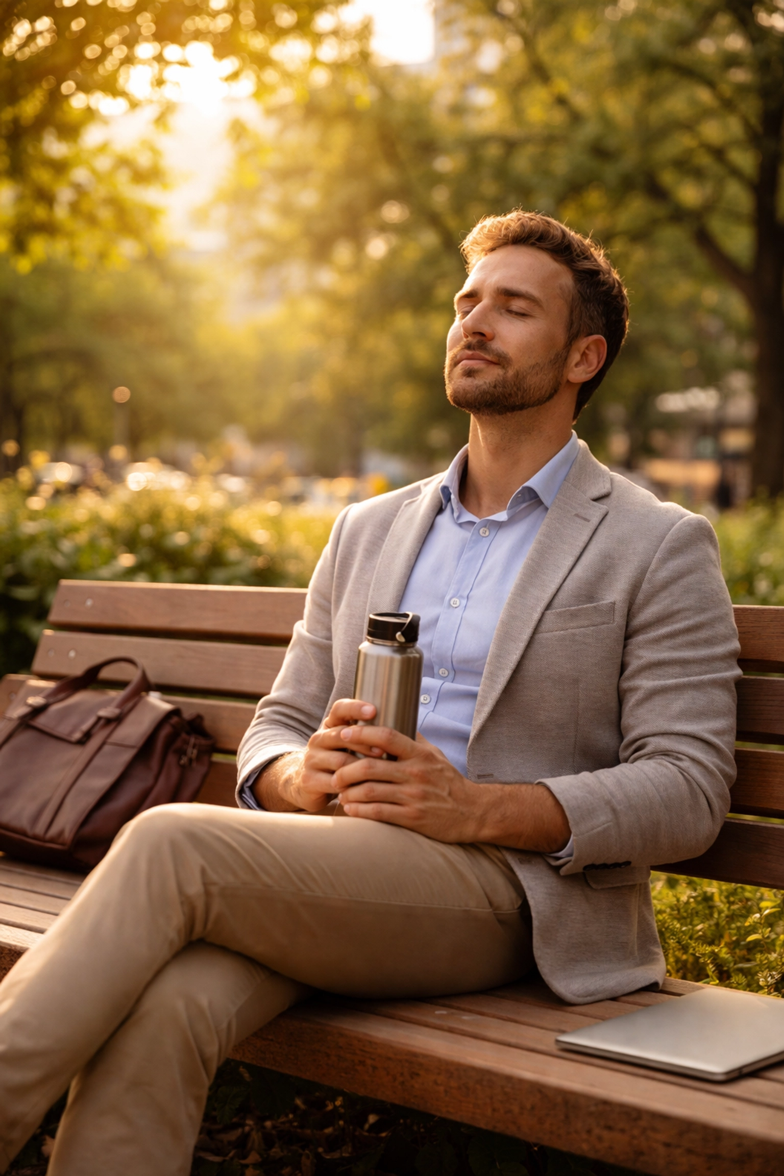 Startup founder taking a mindful break outdoors, demonstrating practical recovery for chronic stress management.