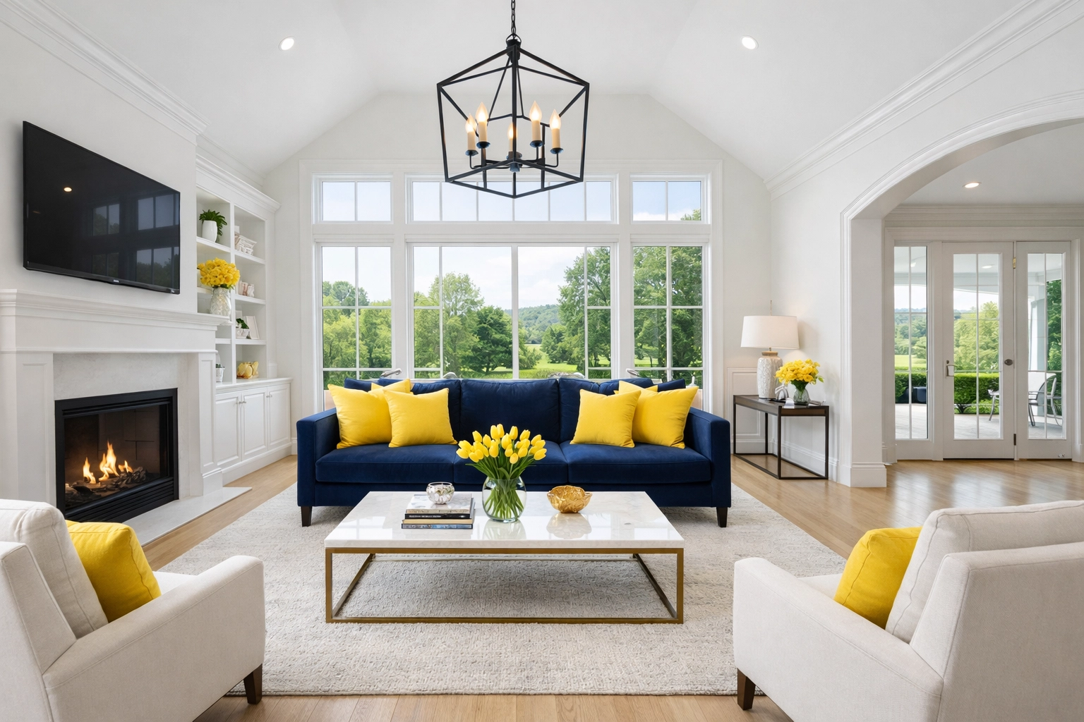 A luxury Westborough living room with pristine hardwood floors after a professional house cleaning.