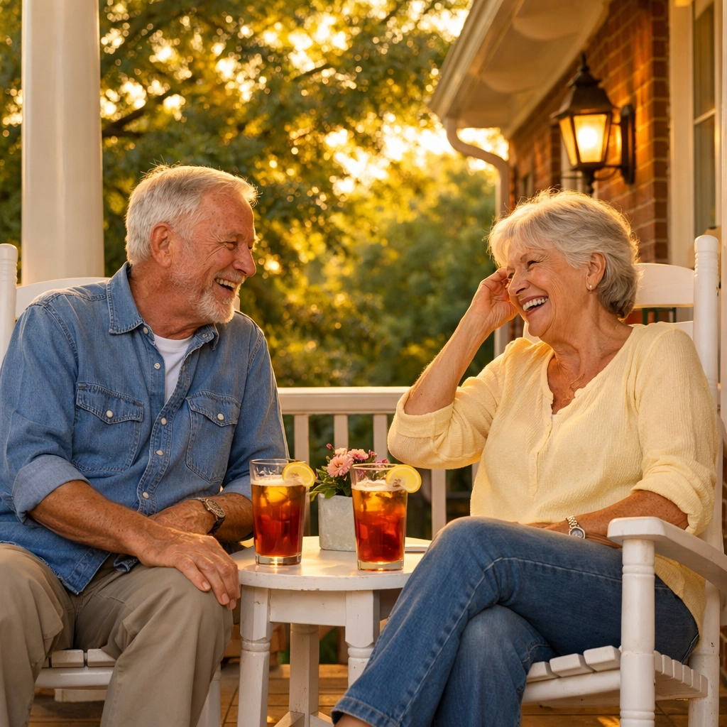 Senior couple on a Virginia porch enjoying the peace of mind of burial insurance.