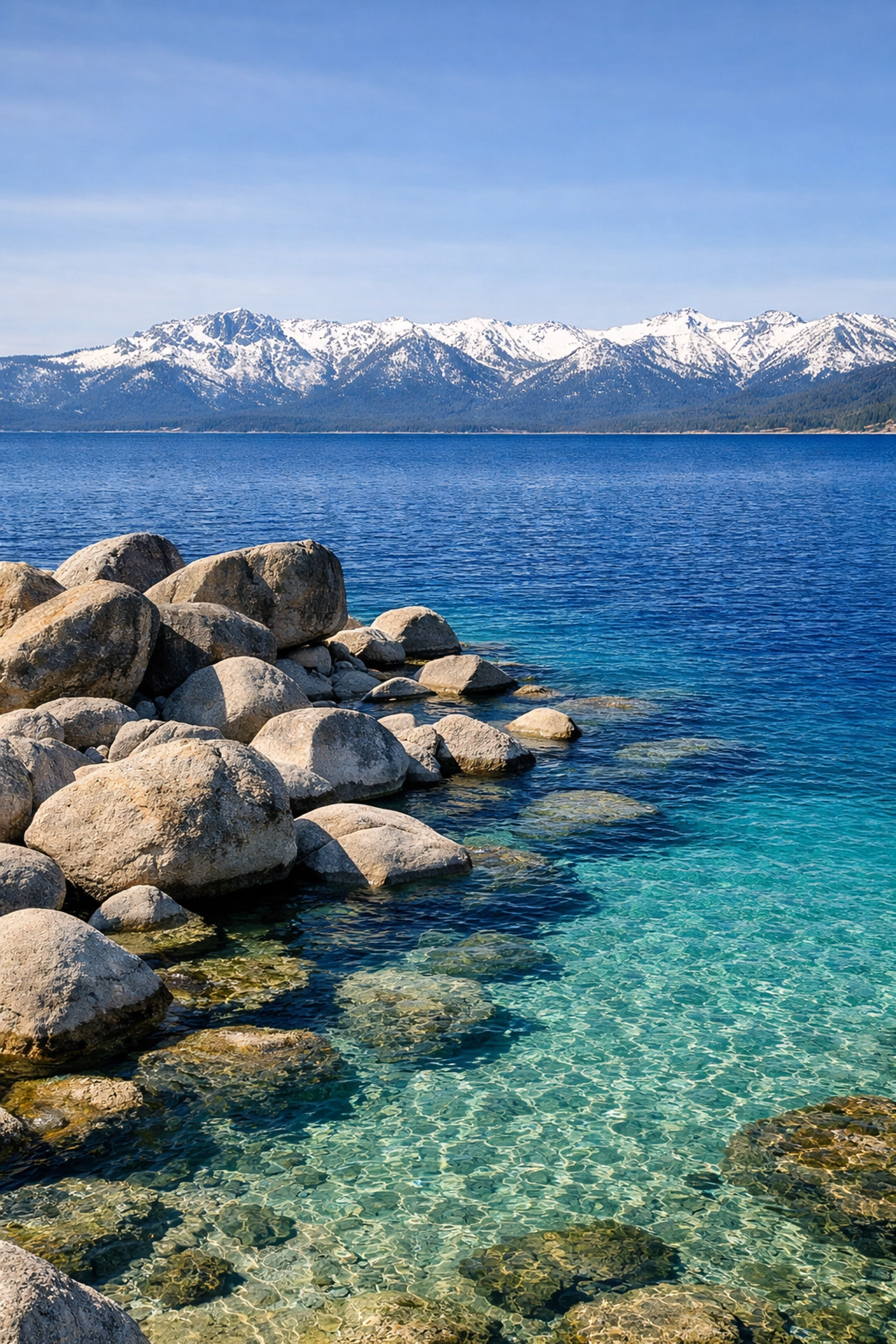 Smooth granite boulders and teal water at Sand Harbor with snow-capped Sierra Nevada mountains in view.