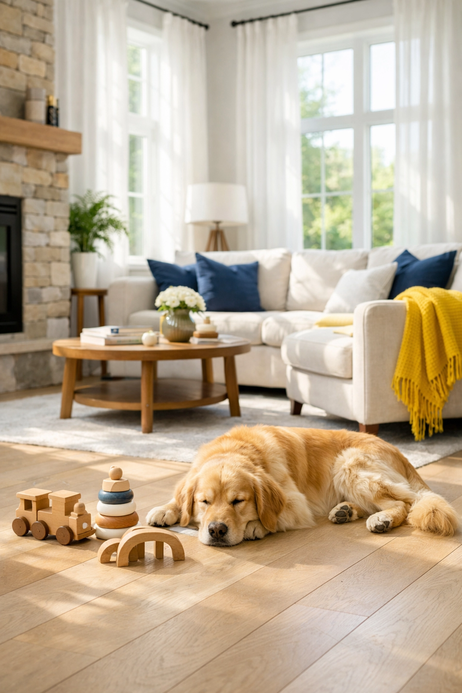 Safe house cleaning in a Natick living room with a pet dog on clean hardwood floors.
