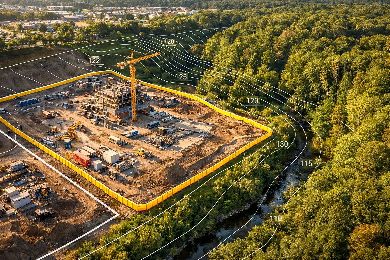Drone view of an Ontario construction site with erosion and sediment control barriers near a ravine.
