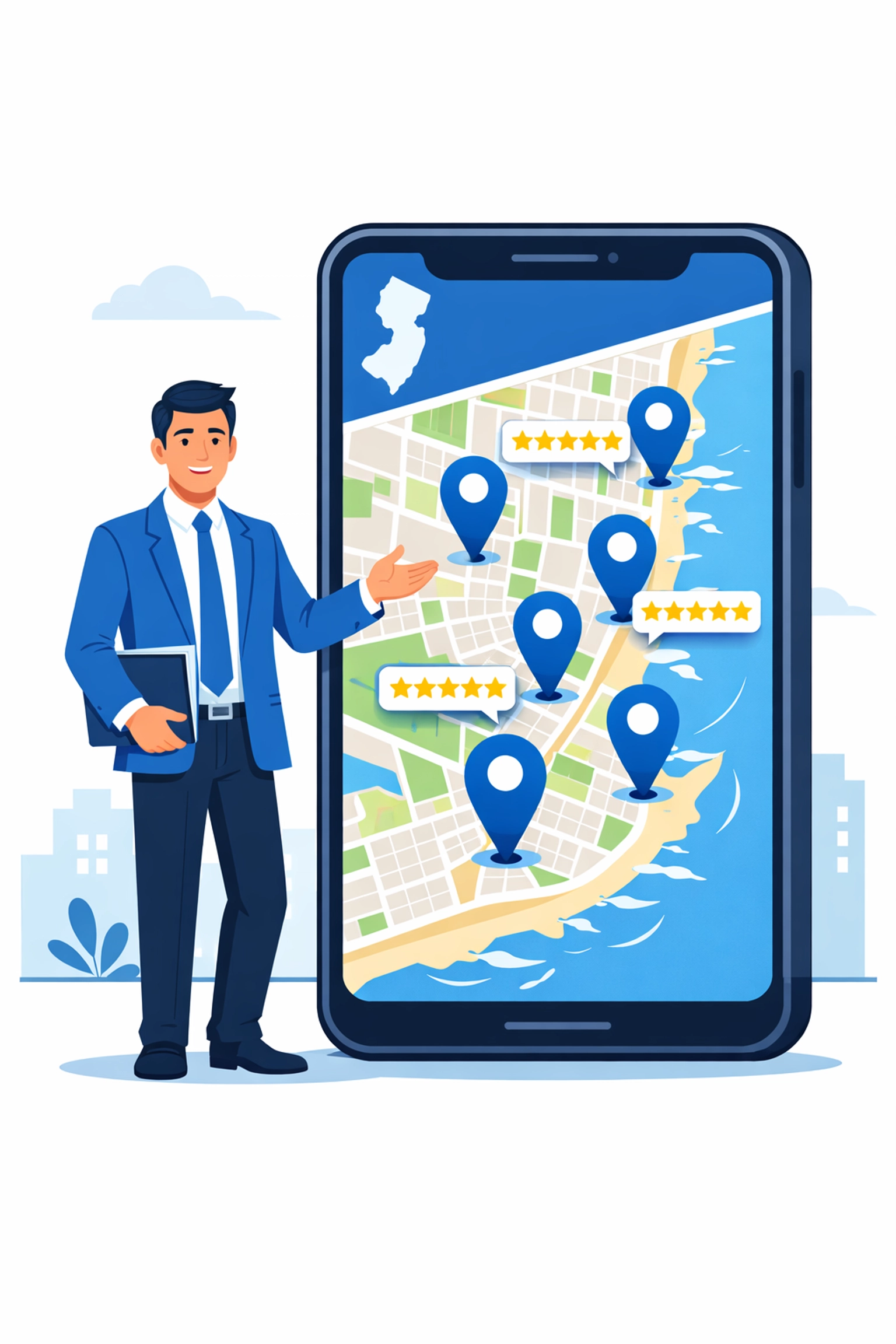 Illustration of a local map on a smartphone showing business pins for Google Business Profile optimization.