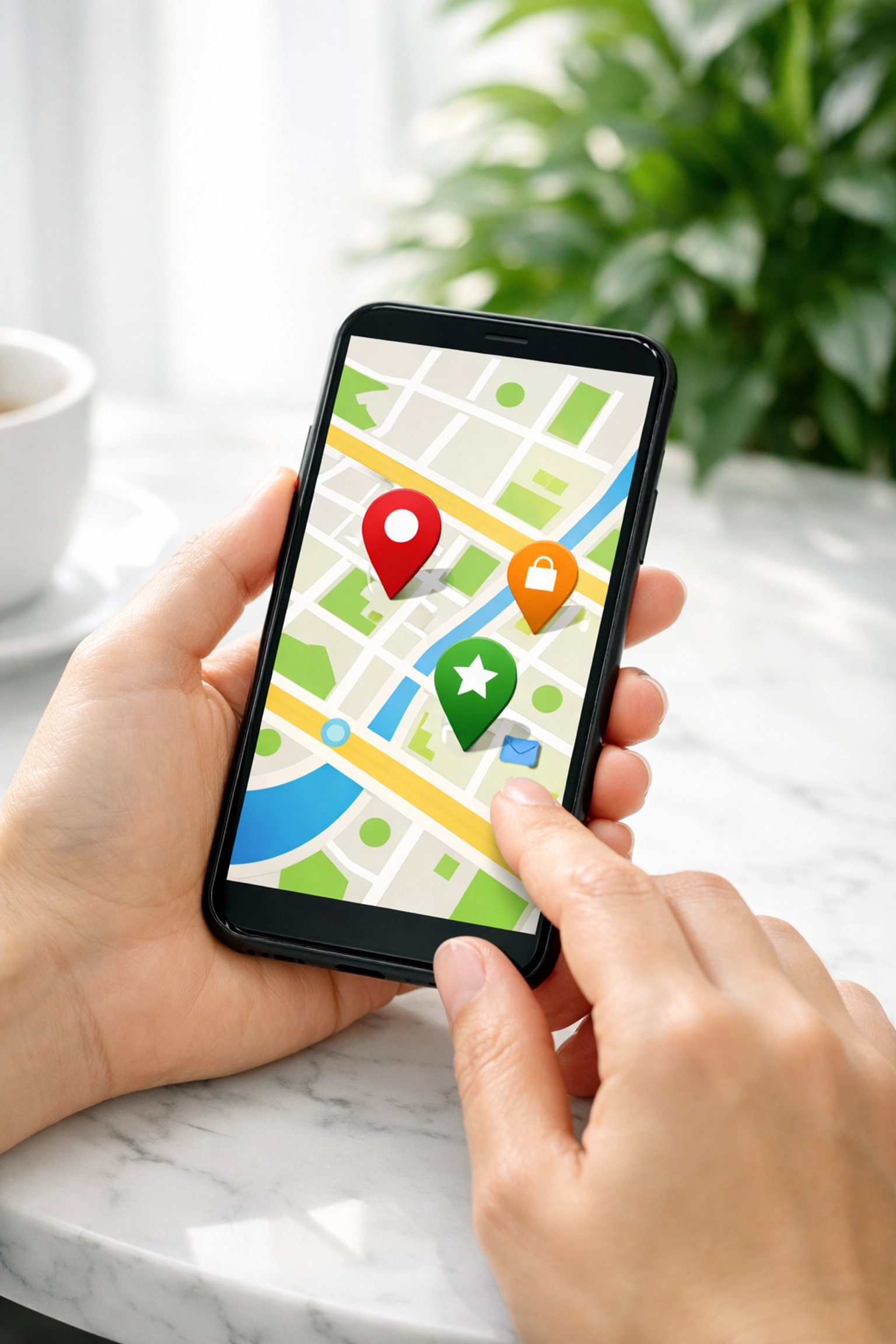 Local search on a smartphone showing map results, demonstrating the need for a mobile-friendly business website.