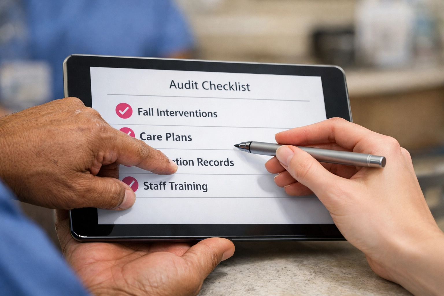Nursing leaders performing a digital chart audit for fall interventions and care plan compliance.