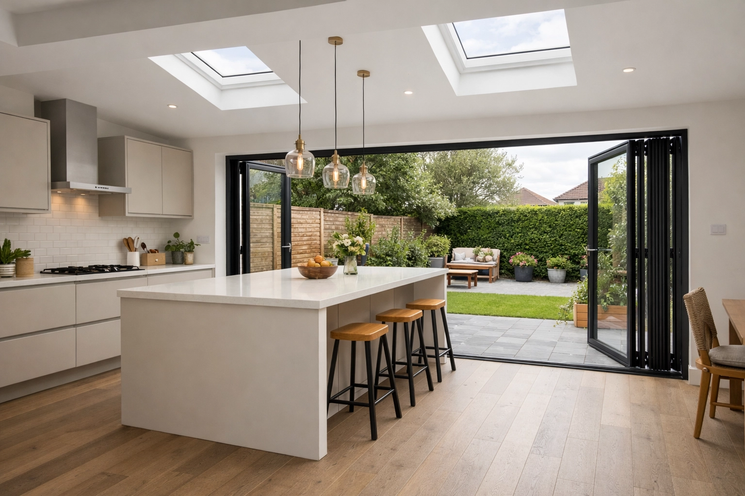 A modern open-plan kitchen extension in East London featuring bifold doors and a minimalist kitchen island.
