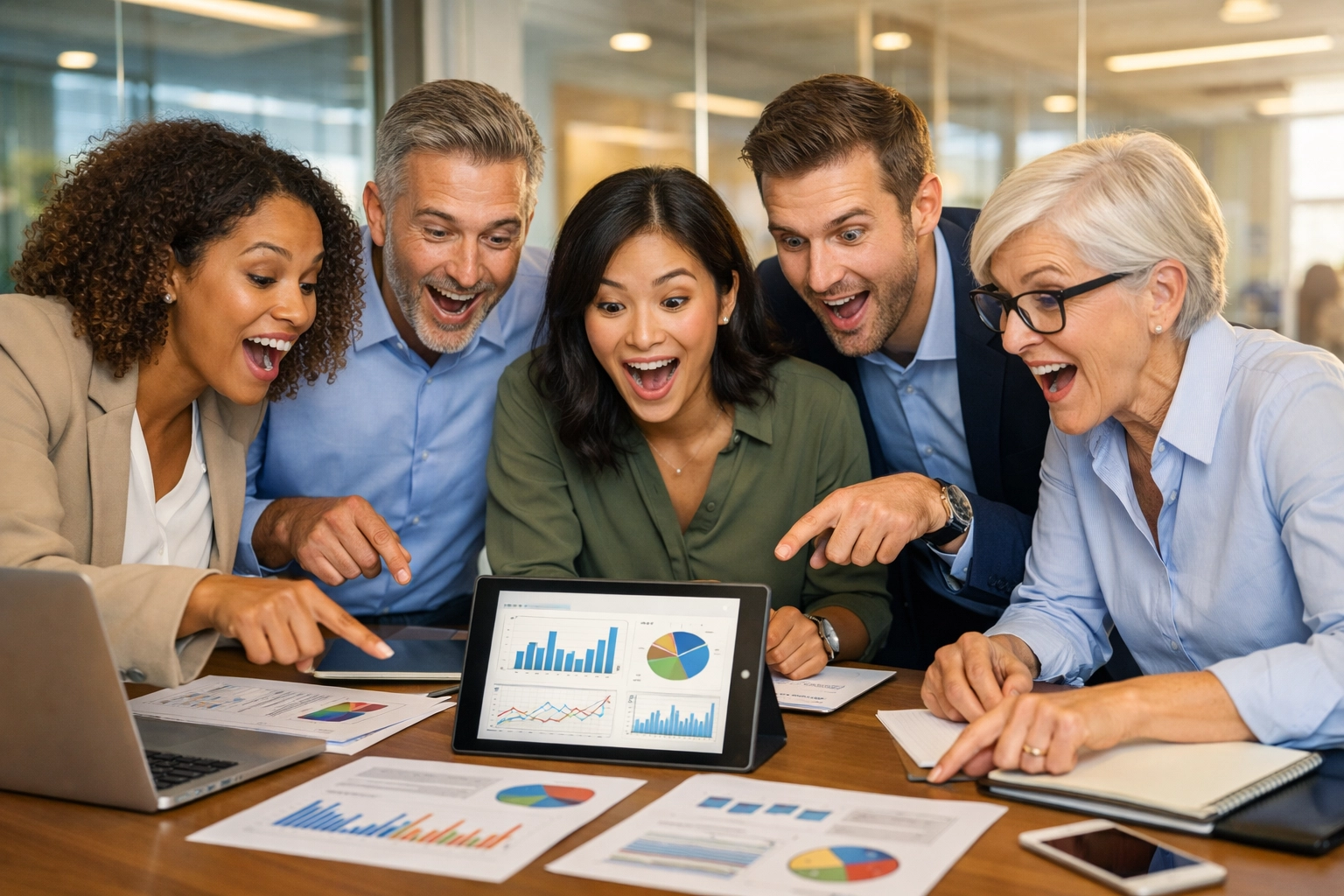 Business team discovering actionable insights from analytics reports and dashboards