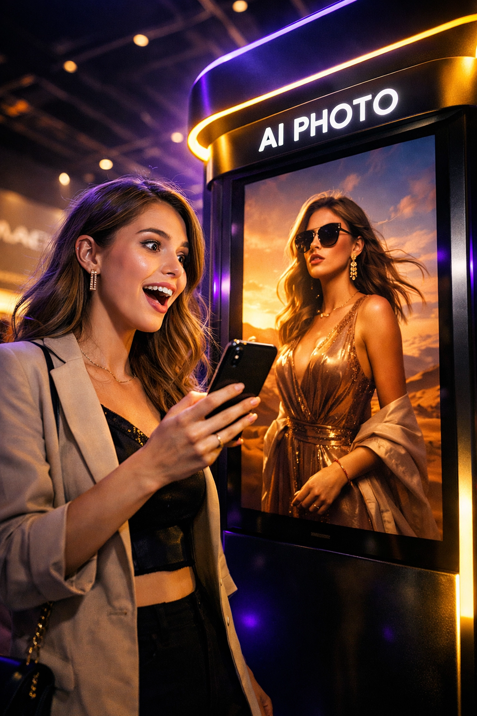 Guest viewing hyper-realistic AI-generated photo on phone at brand activation event