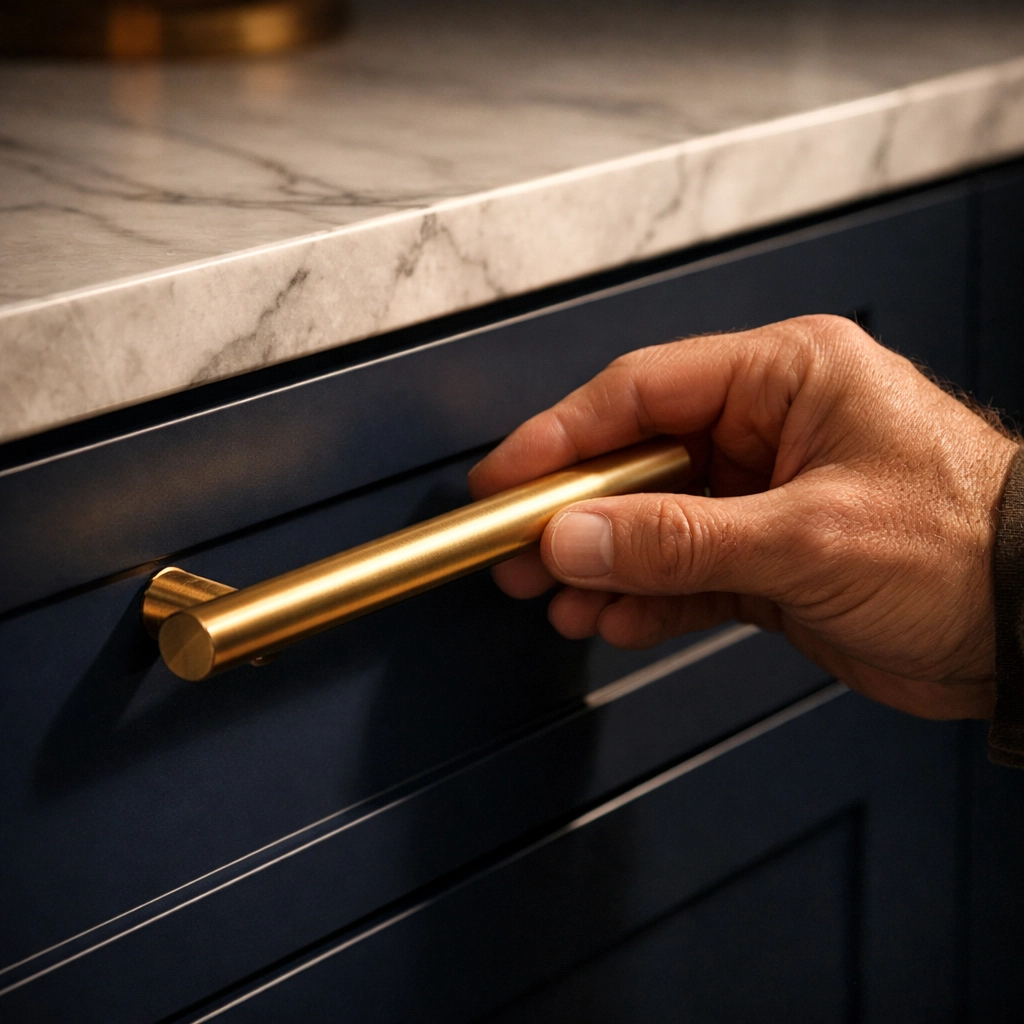 Professional kitchen cabinet installation showing a brushed gold handle being fitted by a specialist.