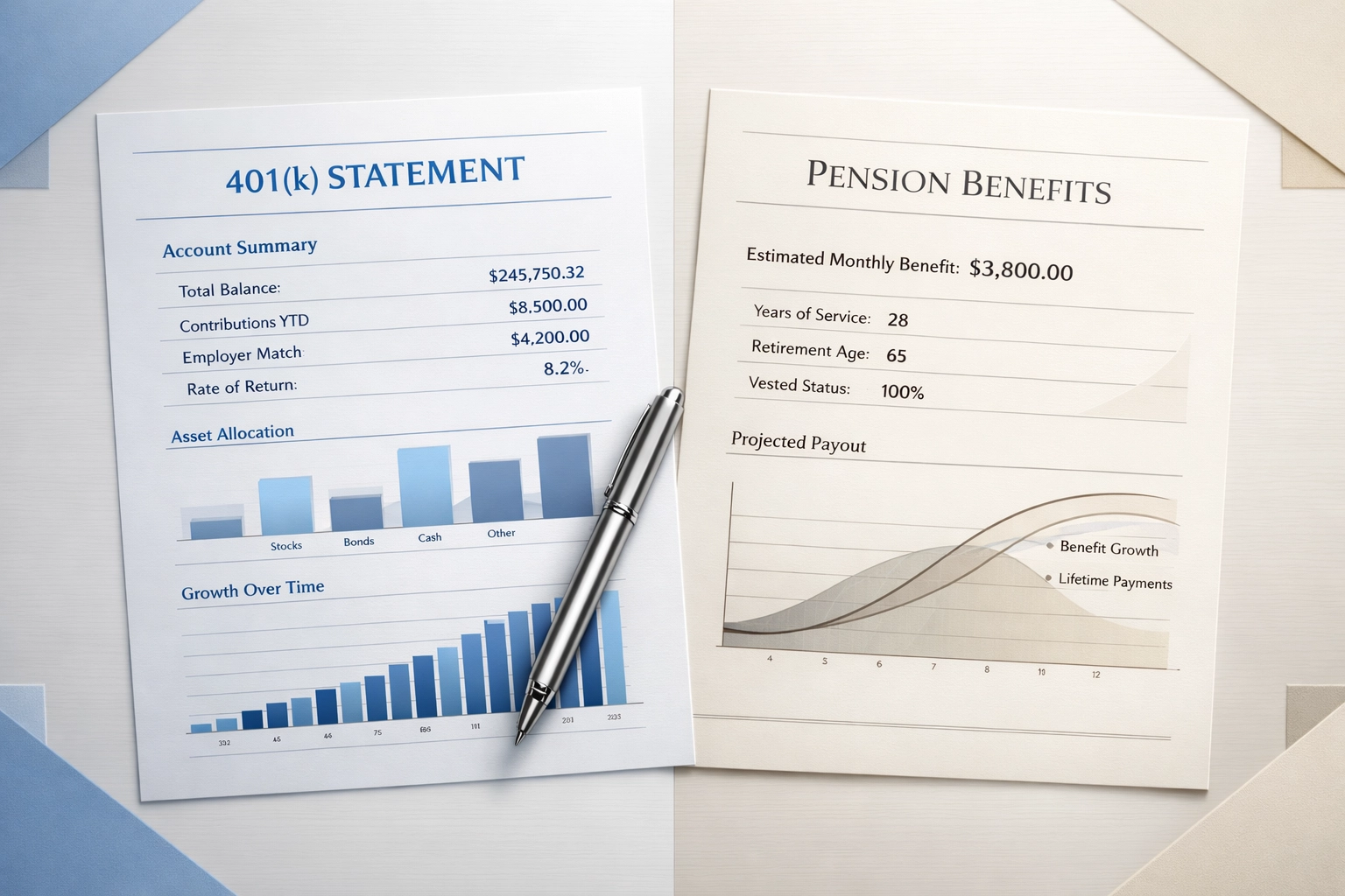 401(k) statement and pension documents side by side comparing retirement account division options
