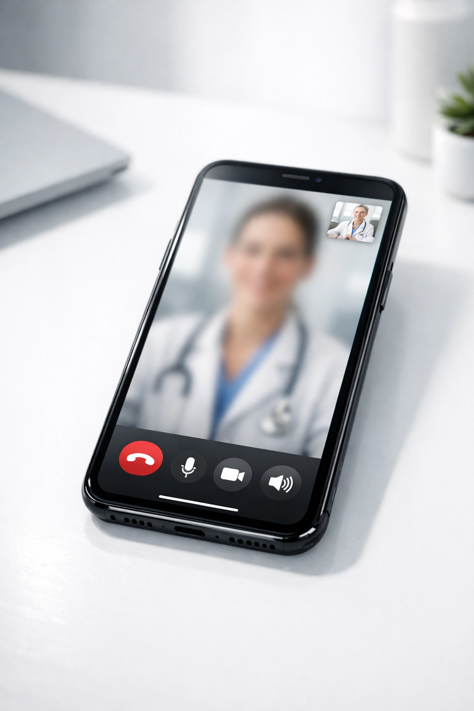 Smartphone on a white desk showing a virtual healthcare appointment in Illinois for a flat $40 fee.