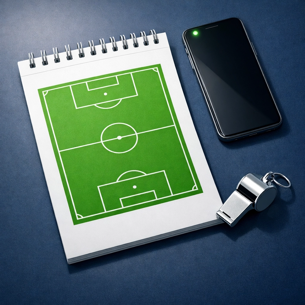 A football pitch notepad and smartphone showing a systematic and organised football betting strategy.