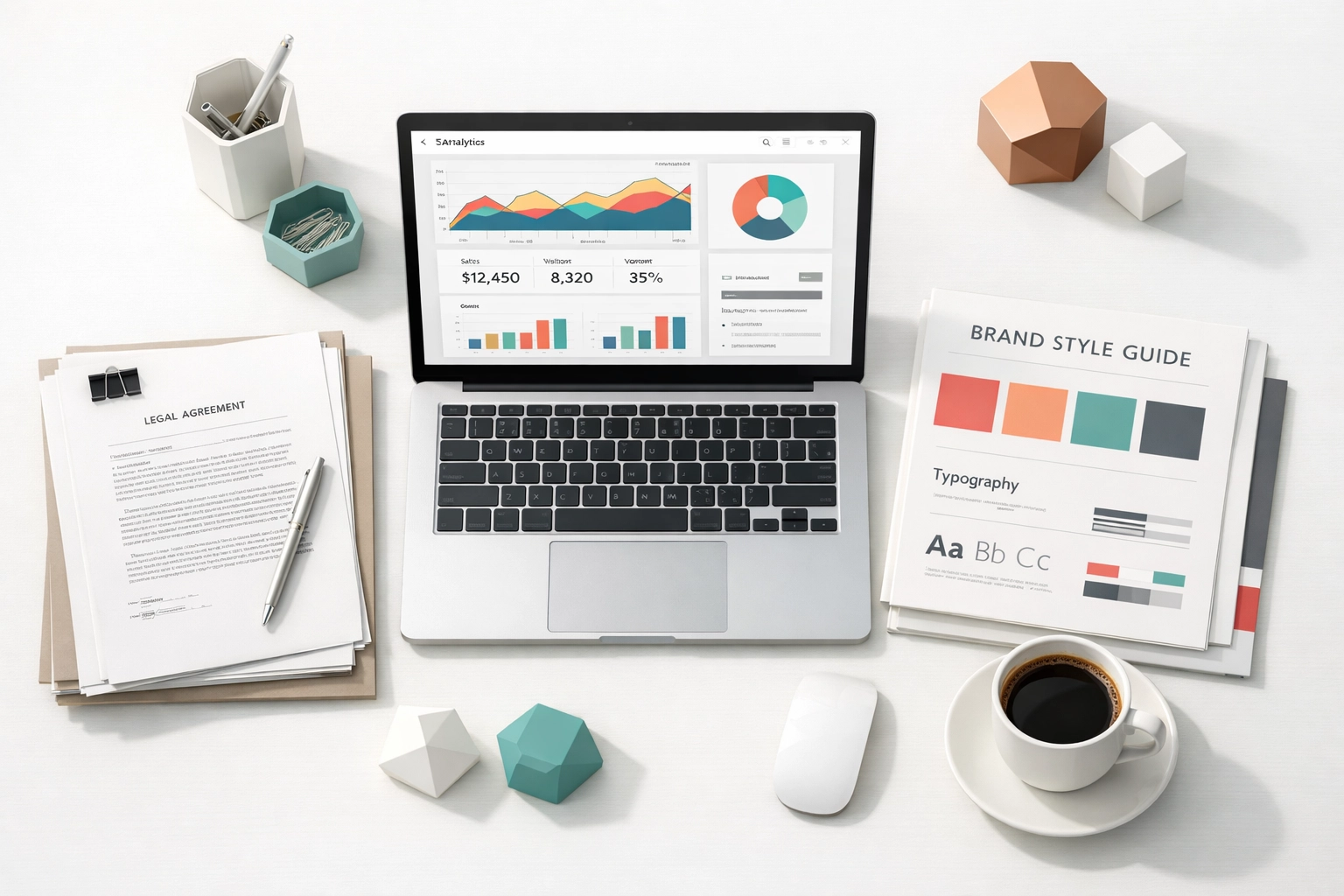 Organized startup workspace with business-in-a-box essentials including laptop, documents, and brand guides