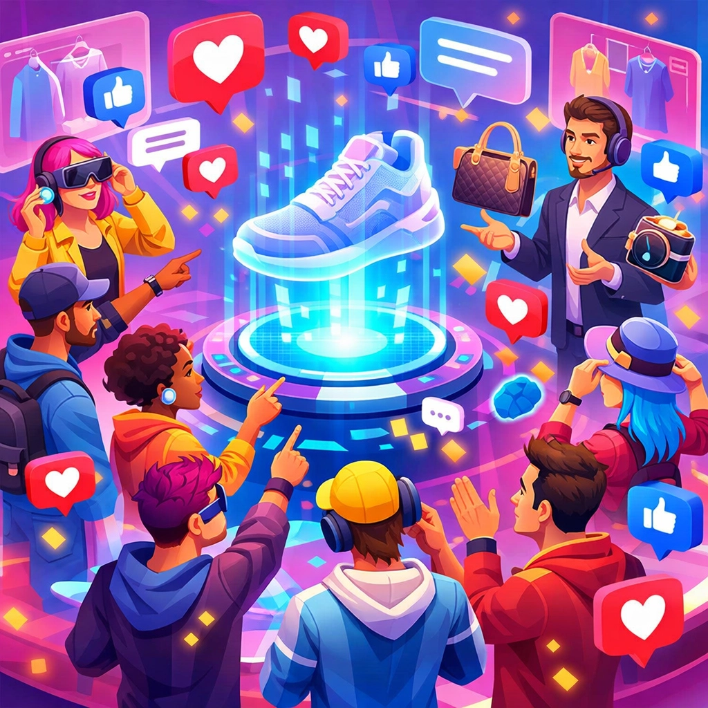 Group of avatars social shopping together in virtual showroom with interactive product displays